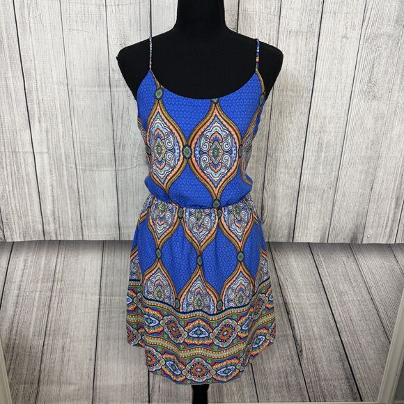 Oddy Anthropologie Women Large Blue Ethnic Print Boho Spaghetti Strap Mini Dress - Picture 1 of 8